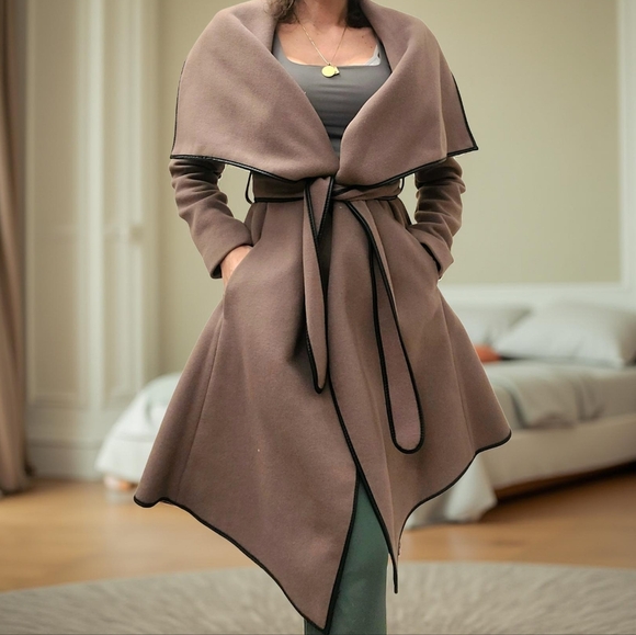 BCBG MaxAzria Cascade Taupe/Tan Wool Wrap Coat with Black Trim Size XS - Picture 2 of 8